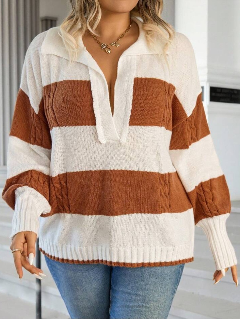 SHEIN White & Brown Striped V-Neck Pullover Sweater - Picture 2 of 6